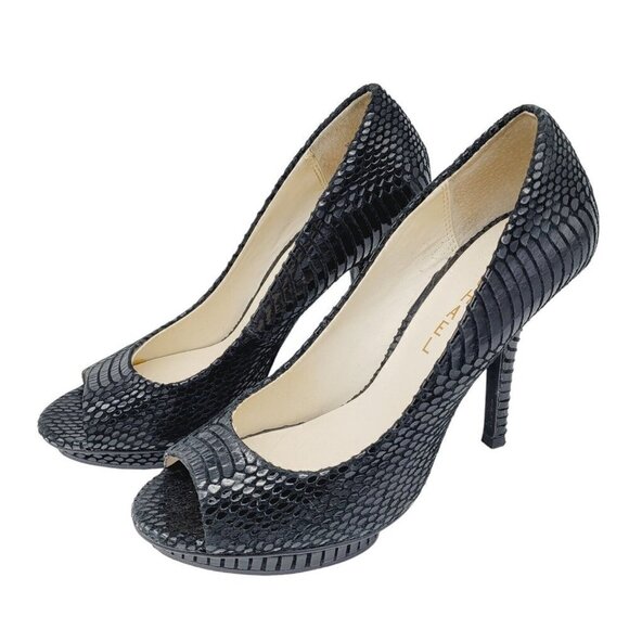 Michael by Michael Shannon Black Leather Peep Toe 4" Heels Snakeskin Texture 7.5 - Picture 1 of 13
